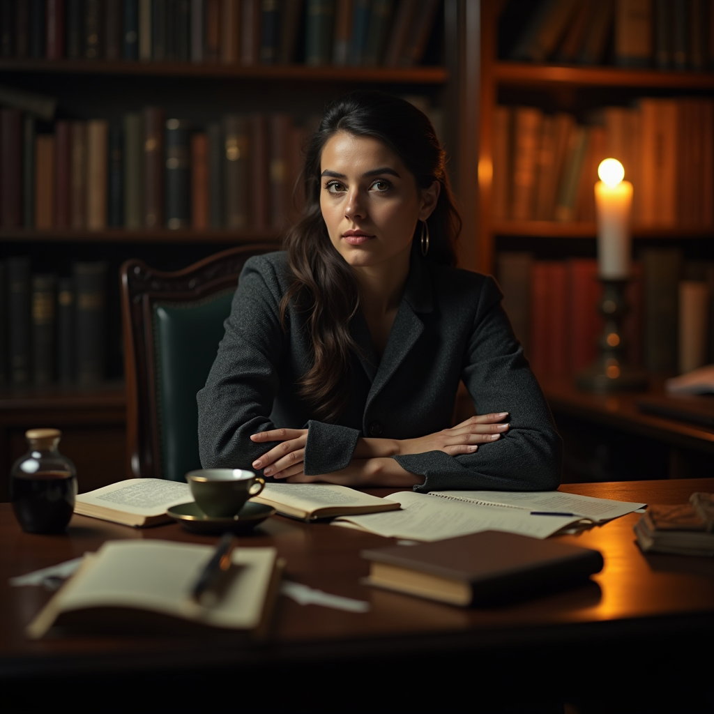 Candlelit Desk: Personal photo concept of a solitary figure seated at a heavy antique desk, turned three-quarters toward the viewer with a quiet, knowing…