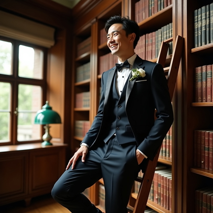 AI-generated photo: Photorealistic wedding photograph inside a historic library, where the suited subject leans lightly ...
