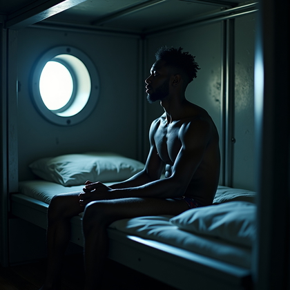 AI-generated photo: Cinematic photorealistic portrait photography, a contemplative portrait inside a dim lunar habitat s...