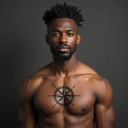 AI-generated photo: Photorealistic photography capturing a modern minimalist tattoo on a 34-year-old man's chest, featur...