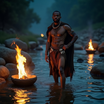 AI-generated photo: Photorealistic cinematic portrait photography on a rocky riverbank at night, where carved stone braz...