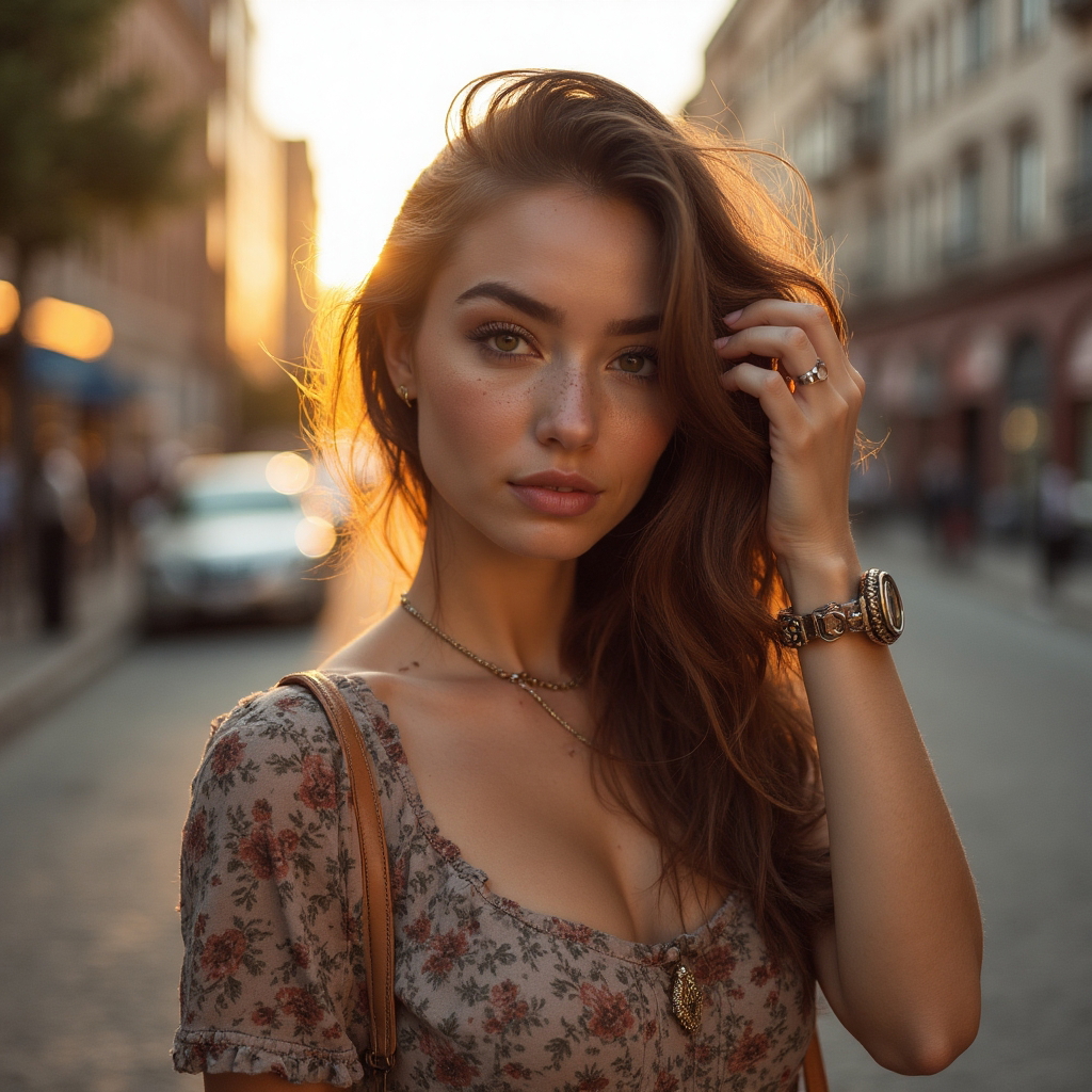 An outdoor setting during the golden hour, with a blurred urban landscape in the background. The lighting is natural, creating a warm, radiant glow. The style is laid-back and cool, and the mood is relaxed yet engaging. The pose features the person standing relaxedly, one hand lightly brushing through their hair.