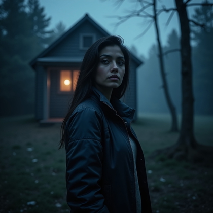 Minimal Blood Clean-Face Survivor Portrait example: Cinematic horror editorial hero photo. Centered poster-style portrait outside a shadowy cabin, the survivor standing tal