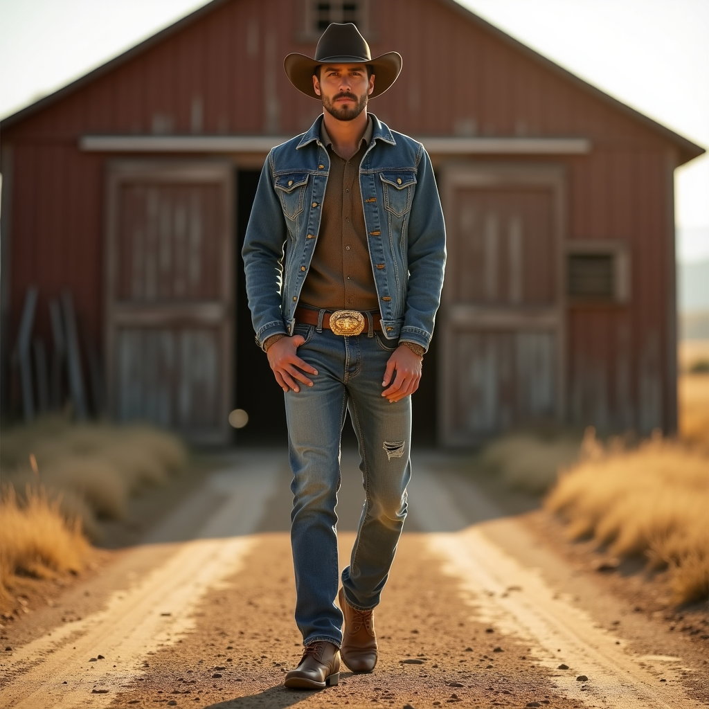 AI-generated photo: Photorealistic fashion photography, a rugged-chic western portrait set on a sunbaked dirt road outsi...
