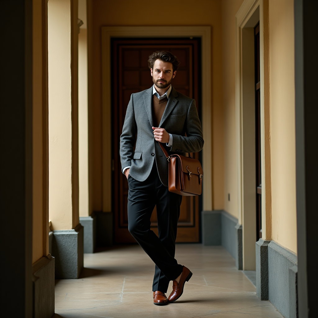 Tweed Corridor: Standing portrait beside a tall carved doorway in a quiet institutional corridor, composed like a personal style photo.