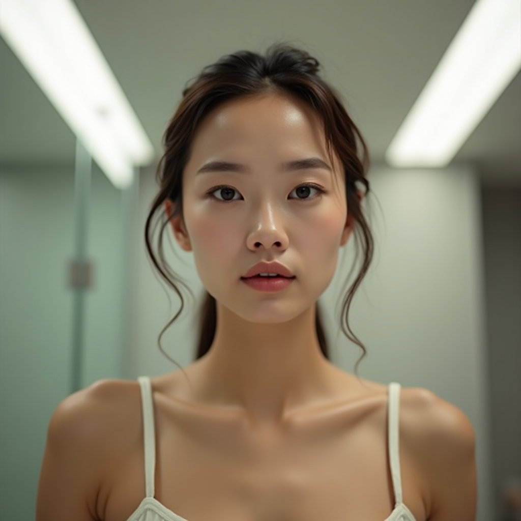 AI-generated photo: Photorealistic beauty portrait photograph, tight head-and-shoulders shot in a modern bathroom settin...