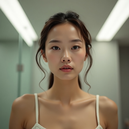 AI-generated photo: Photorealistic beauty portrait photograph, tight head-and-shoulders shot in a modern bathroom settin...