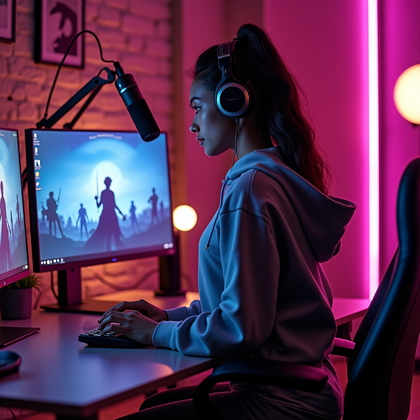 AI-generated photo: Photorealistic fashion portrait photography style, three-quarter portrait of a streamer standing bes...