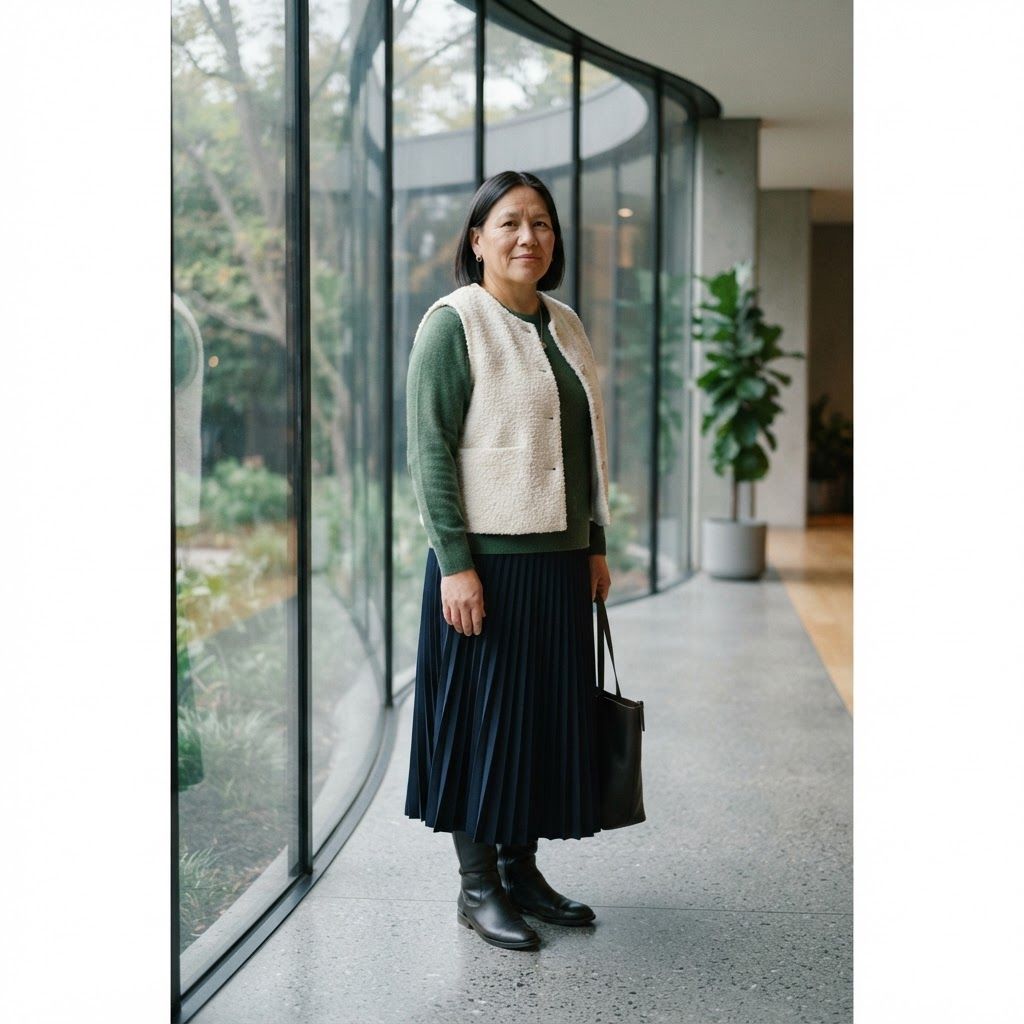 Layered Silhouette in a Glass Atrium: Standing portrait near a curved glass wall inside a minimalist atrium, with one arm resting naturally at the side.