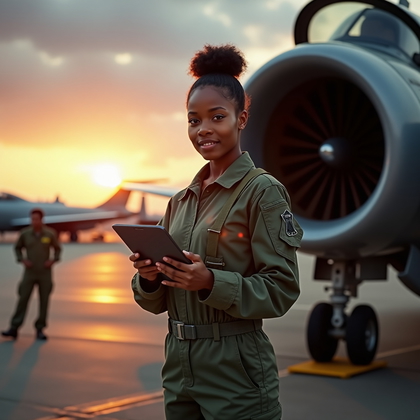 AI-generated photo: Photorealistic professional military action portrait of an aviation mechanic in flight line gear sta...