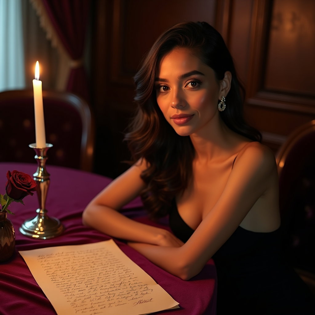 Candlelit Velvet Close-Up example: Dating profile photo, environmental portrait at a vintage velvet-covered table with handwritten letters, a silver candle