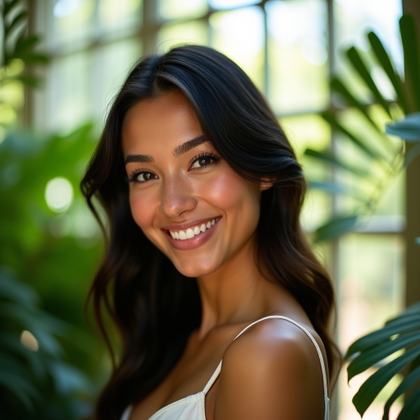 Dating profile photo, a close-up portrait inside a sunlit botanical conservatory, with the subject angled slightly toward lush tropical greenery while looking directly at the viewer with a relaxed, magnetic smile. Style with a refined casual outfit, soft diffused daylight, fresh green color palette, shallow background blur, and a clean composition that keeps the face crisp and inviting.