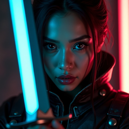 AI-generated photo: Photorealistic cosplay portrait photography. Sensual, close-cropped portrait inspired by an action R...