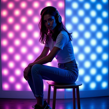 AI-generated photo: Photorealistic neon gel portrait photography. Seated three-quarter body portrait with the subject pe...