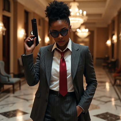 AI-generated photo: Cosplay photo of a daring spy in a sleek, tailored suit of charcoal grey with subtle pinstripes, exu...