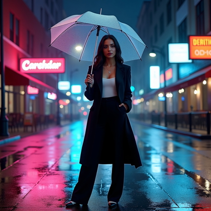 AI-generated photo: Photorealistic photography. After-rain nightlife street with glossy asphalt and neon shopfronts, the...