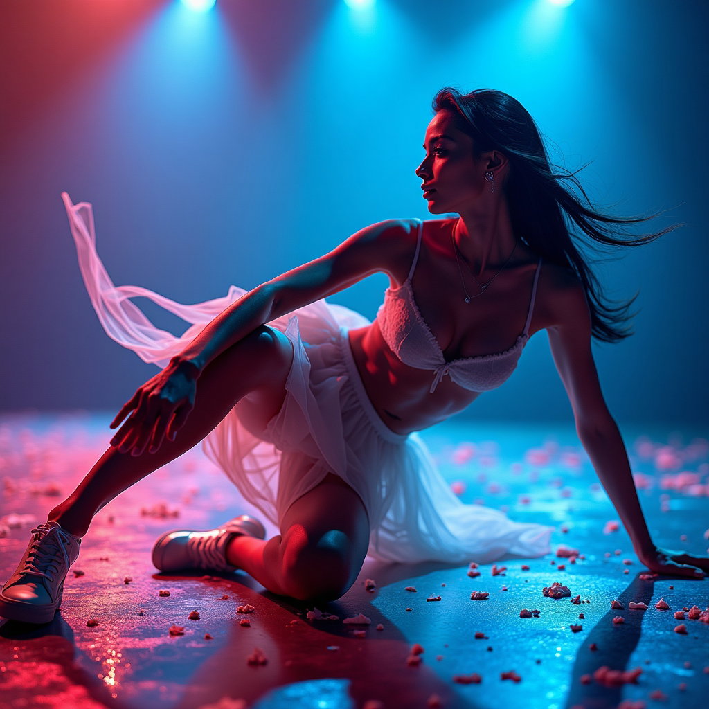 Dance-Pose Battle Portrait example: Cinematic K-pop fantasy portrait photography. Motion-action portrait showing a floorwork battle move, one hand braced on