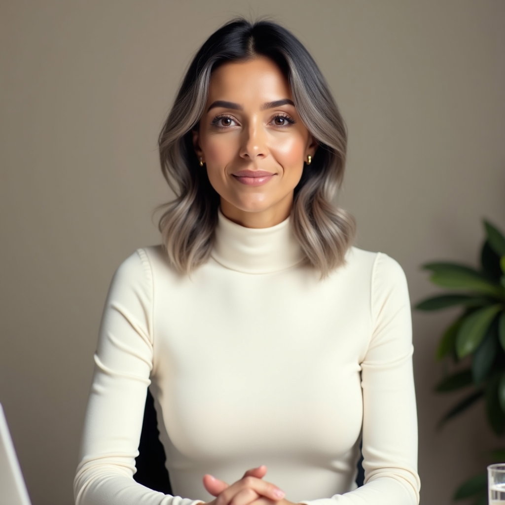 Remote Video Interview: Clean remote-interview head-and-torso desk portrait with a modern minimal mood.