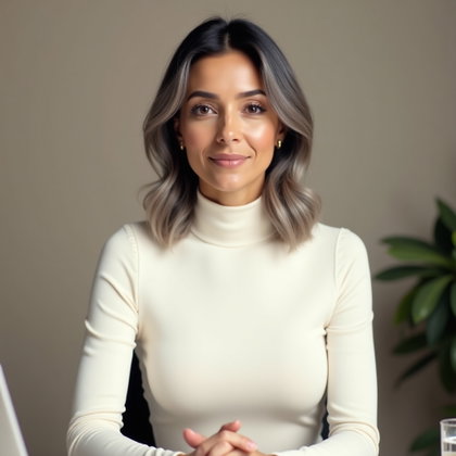 Entretien vidéo à distance : portrait épuré à un bureau, cadré de la tête au torse, pour un entretien à distance, dans une ambiance minimaliste moderne.