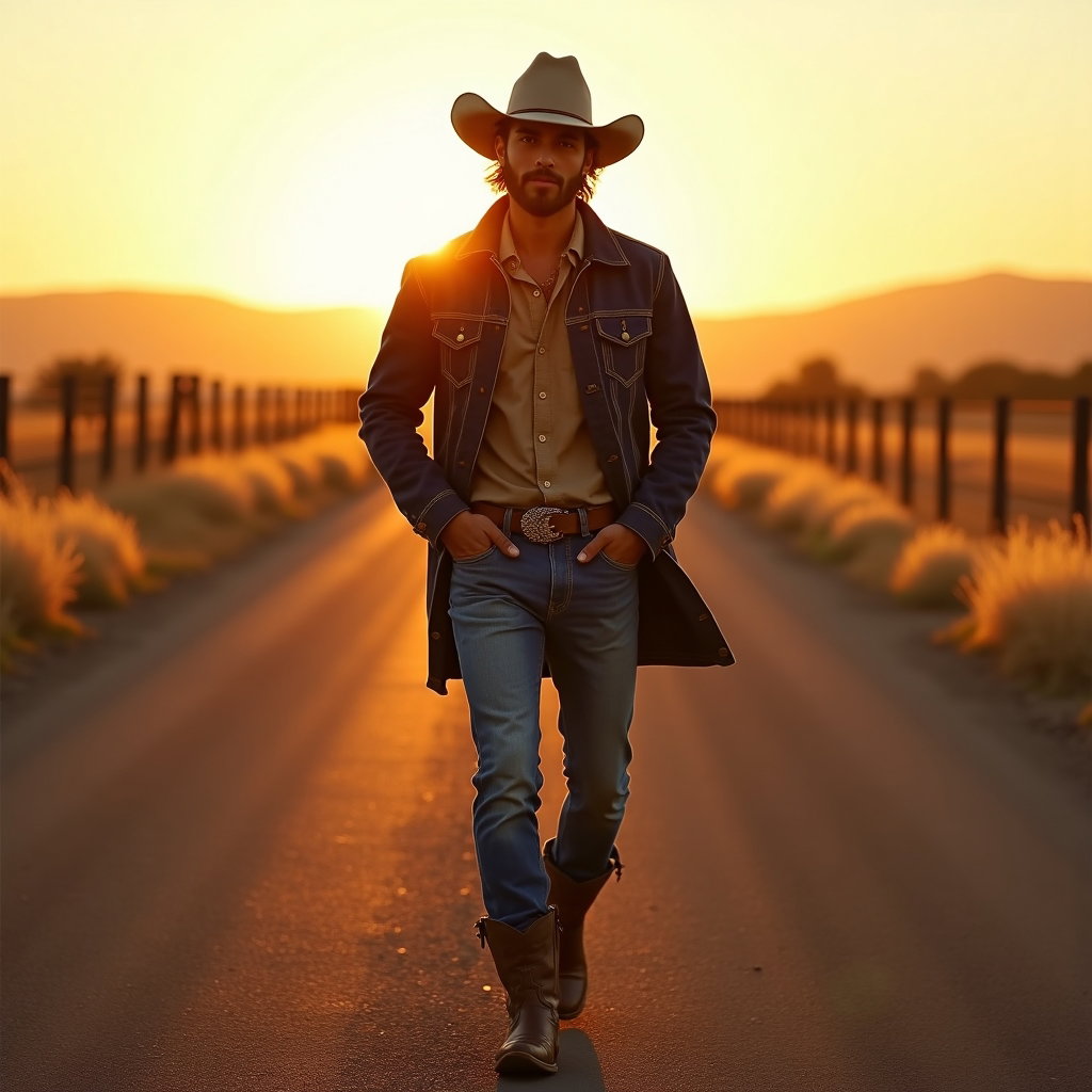 AI-generated photo: Fashion editorial photography, a high-style cowboy fashion image captured on a ranch road at sunset,...