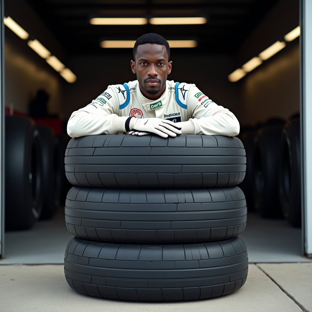 Garage Doorway Racing Suit Portrait example: Photorealistic editorial half-body portrait photography. Half-body portrait at the garage entrance with the subject rest