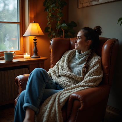 AI-generated photo: Cozy At-Home Vibes lifestyle photo depicting a woman curled up on a vintage leather armchair, its ri...