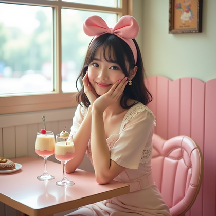 AI-generated photo: Fashion photography, a cute solo look styled inside a pastel dessert café with heart-shaped chairs, ...
