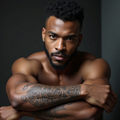 AI-generated photo: Photorealistic photography capturing a man with an intricately detailed Celtic knotwork tattoo spira...