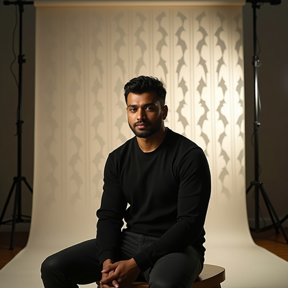 AI-generated photo: Cinematic studio portrait photo staged in a minimalist set with the subject seated on a low stool, t...