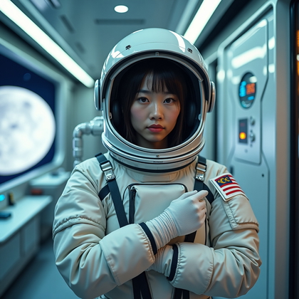 AI-generated photo: Cinematic sci-fi portrait photography. A crisp suit-up readiness image inside a moon base preparatio...