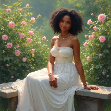AI-generated photo: Neo-classical oil painting. A serene garden scene with a woman gracefully seated on a stone bench, s...