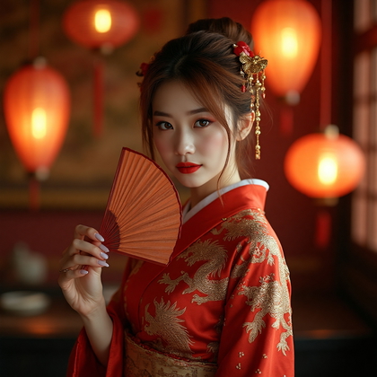AI-generated photo: Cosplay photo showcasing a sly villainess in an ornate red and gold kimono with intricate dragon mot...