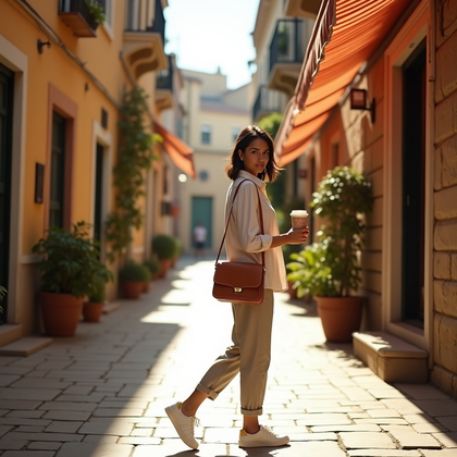 AI-generated photo: Photorealistic travel lifestyle photography: narrow sunlit old-town alley with textured plaster wall...