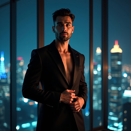 AI-generated photo: Photorealistic editorial fashion photography in a glass-walled penthouse at night, the subject stand...
