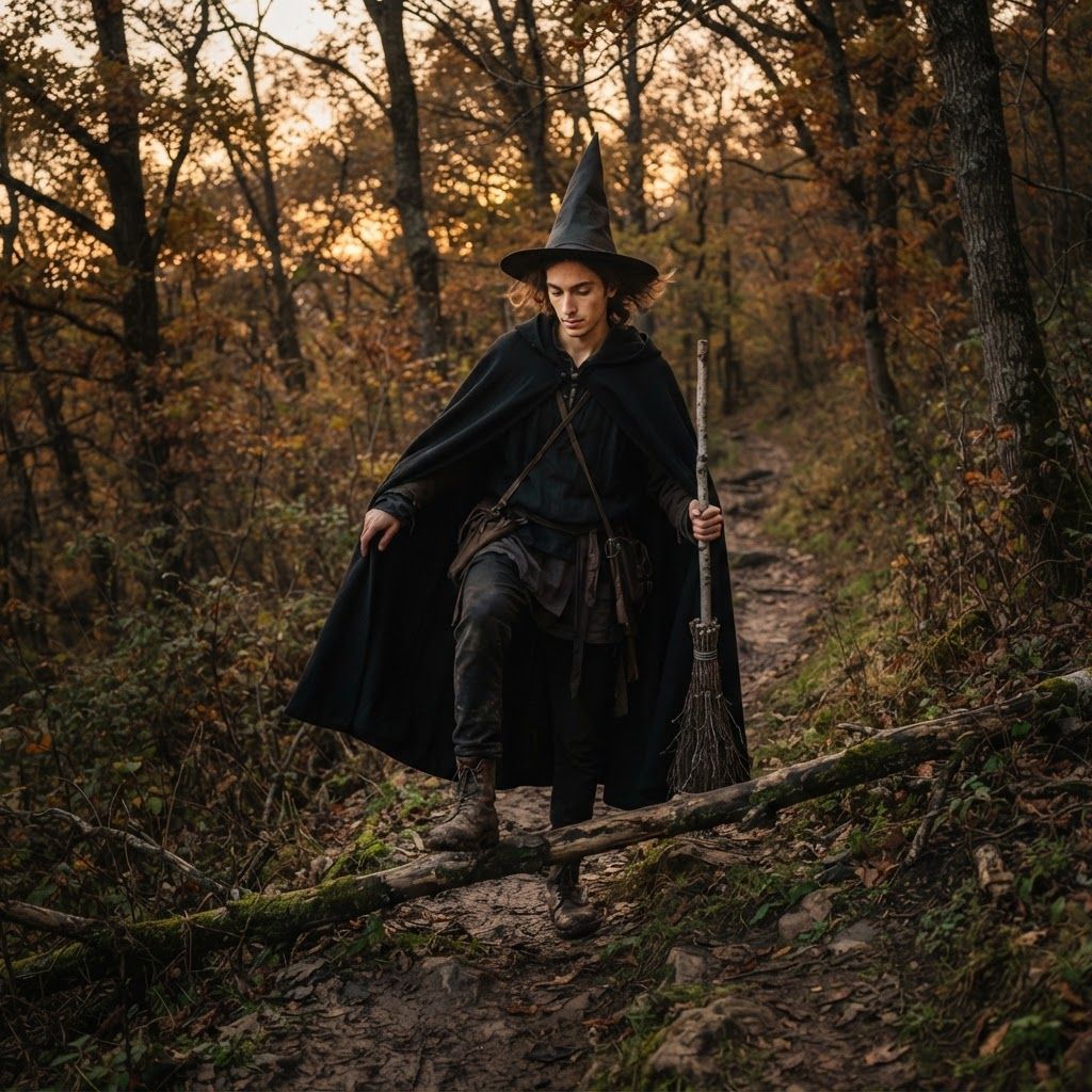 Witch on a Wooded Path: Photorealistic full-body portrait on a gently sloping forest trail at sunset’s end.