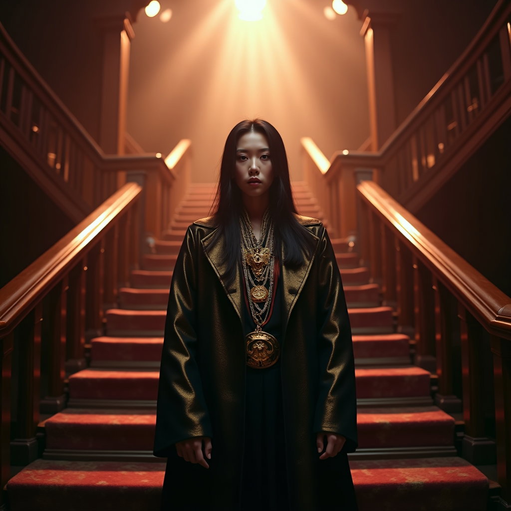 Possessed-Eye Rival Portrait example: Cinematic K-pop fantasy editorial photo. Hero image composition with the subject centered on a grand staircase of a dark