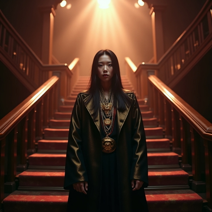 Possessed-Eye Rival Portrait example: Cinematic K-pop fantasy editorial photo. Hero image composition with the subject centered on a grand staircase of a dark
