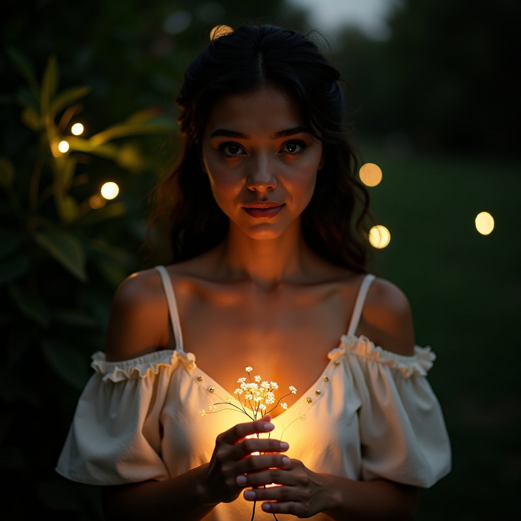 Scène au clair de lune et aux lucioles : portrait intime aux lucioles, cadré à la taille, d’une personne en robe blanche souple avec de minuscules fleurs brodées à l’encolure, debout dans l’obscurité…