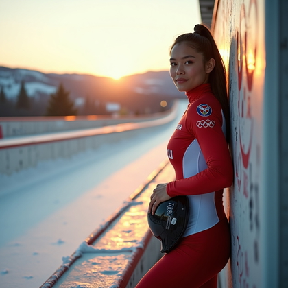 AI-generated photo: Photorealistic sports portrait photography. Athlete stands beside an outdoor bobsled track at golden...