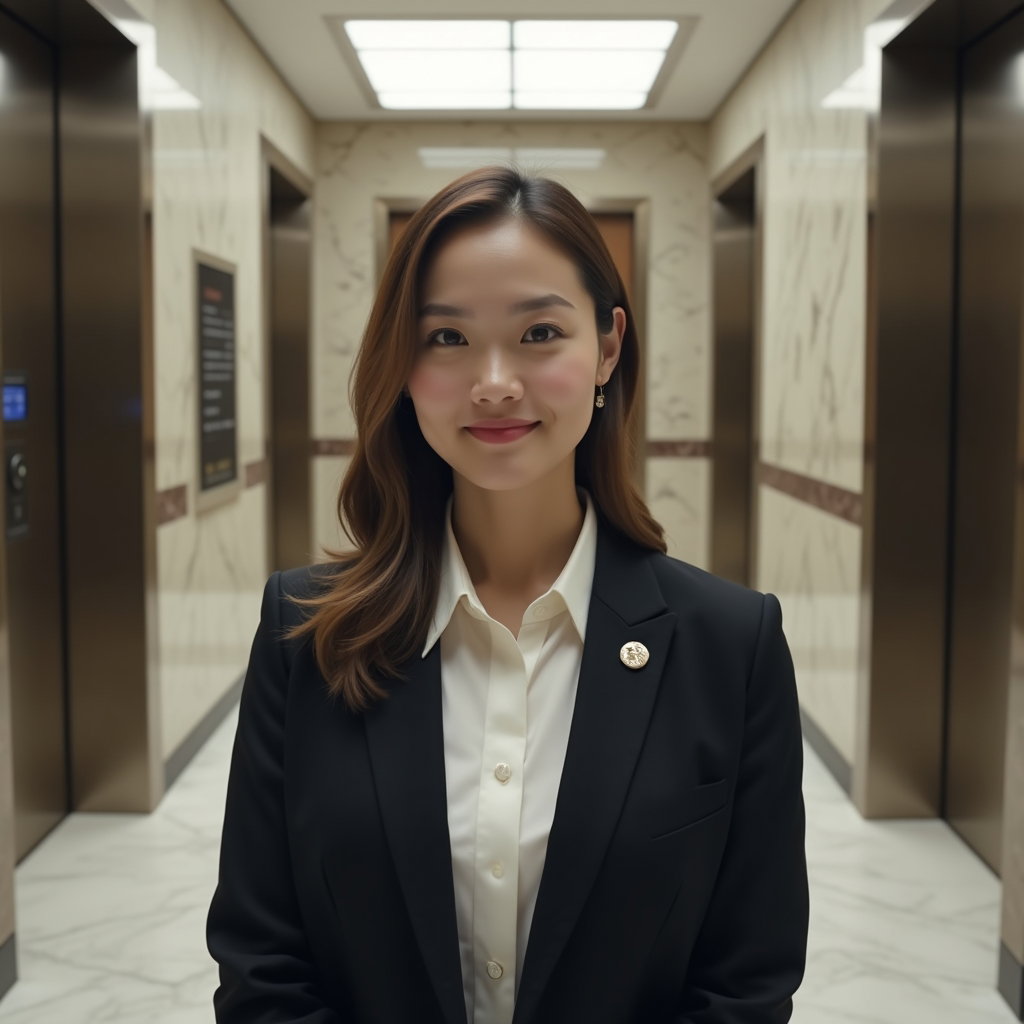 AI-generated photo: Professional headshot. In a marble-and-brushed-steel elevator lobby with crisp vertical lines and a ...