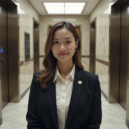 AI-generated photo: Professional headshot. In a marble-and-brushed-steel elevator lobby with crisp vertical lines and a ...