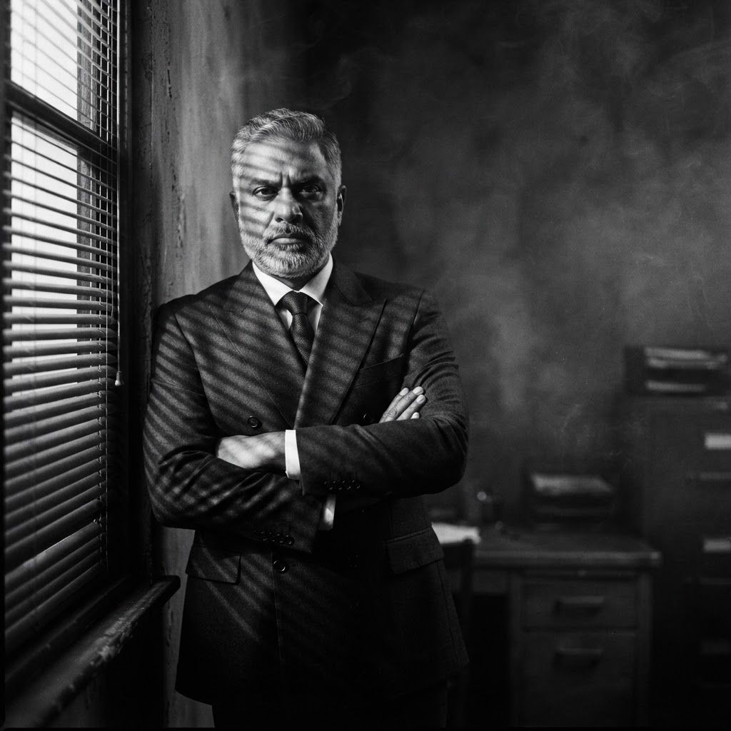 Venetian Blind Shadows: Half-body film noir scene of one visible person beside a desk-height window with Venetian blinds, wearing a double-breasted suit and dark…
