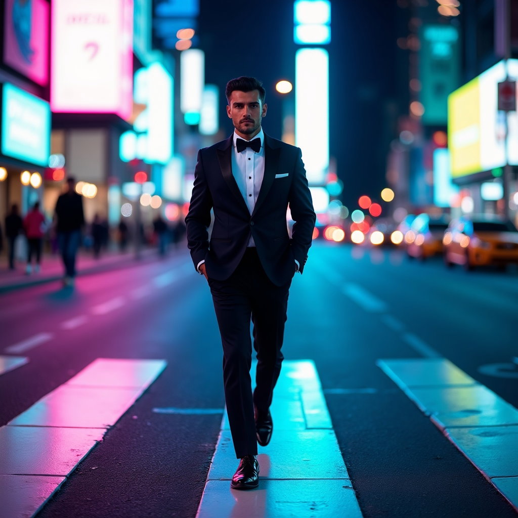 AI-generated photo: Photorealistic wedding portrait photo at a neon-lit city intersection during blue hour, captured mid...