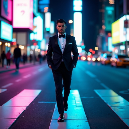 AI-generated photo: Photorealistic wedding portrait photo at a neon-lit city intersection during blue hour, captured mid...
