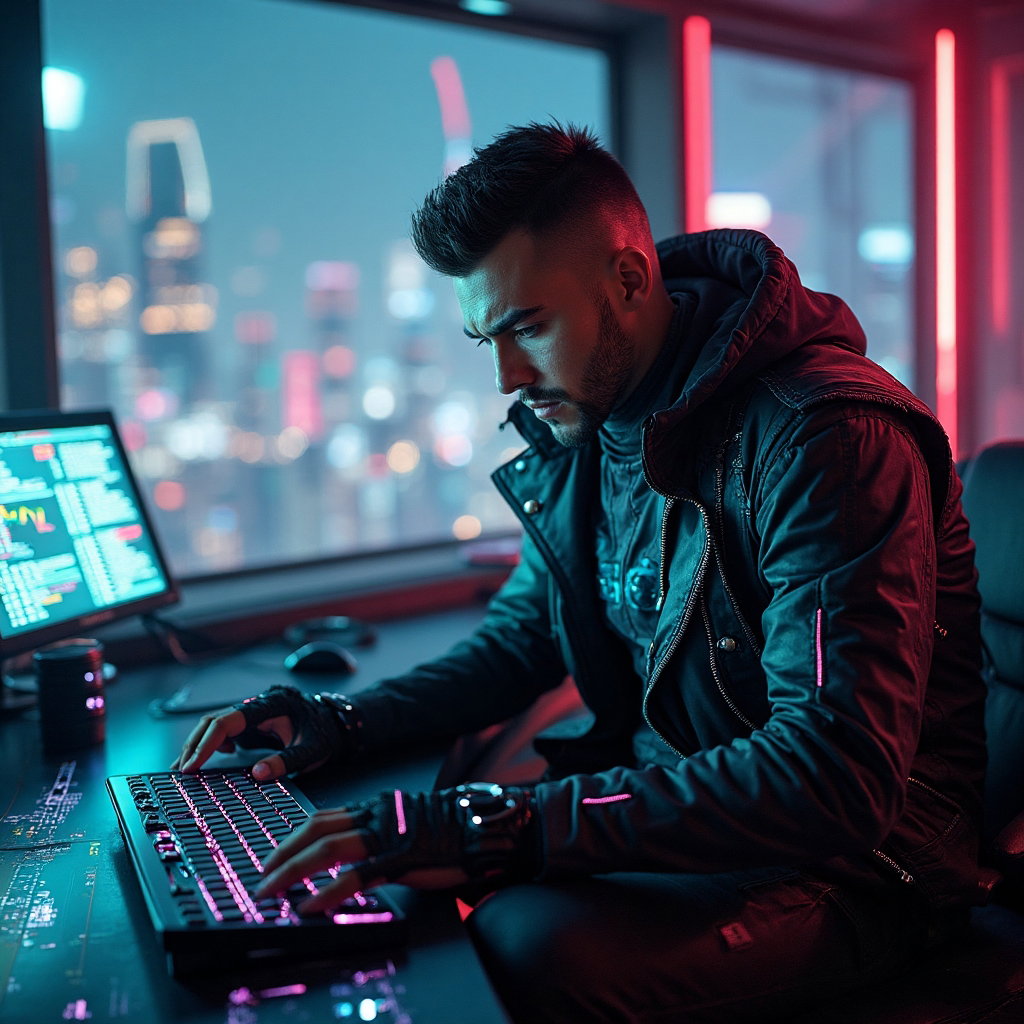 AI-generated photo: Cosplay photo of a character as a cyberpunk hacker, dressed in an edgy, layered outfit featuring a s...