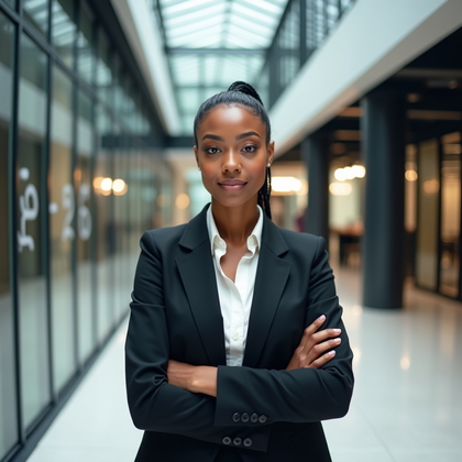 AI-generated photo: Professional headshot: In a modern co-working atrium with floor-to-ceiling glass, the subject wears ...