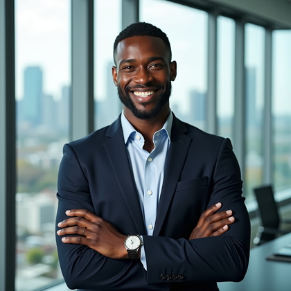 AI-generated photo: Professional headshot in a glass-walled boardroom overlooking a skyline, chest-up framing with the s...