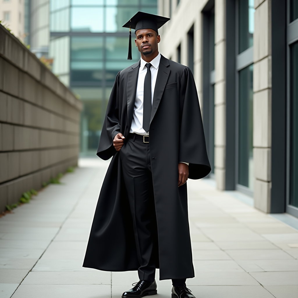 AI-generated photo: Editorial graduation fashion photography, an iconic cap-and-gown hero portrait composed on an urban ...