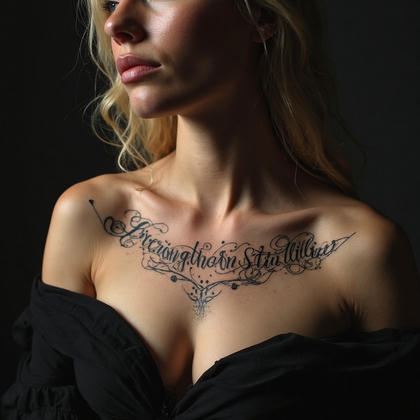 AI-generated photo: Photorealistic photography showcasing a woman with a powerful tattoo across her collarbone, featurin...