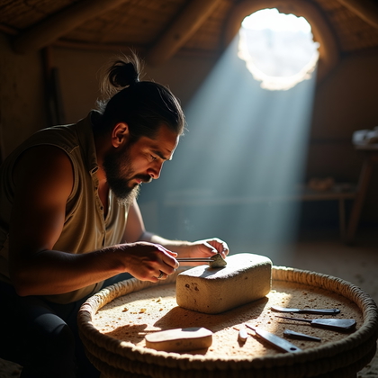 AI-generated photo: Photorealistic documentary photograph inside a hide-walled shelter with a smoke vent overhead castin...